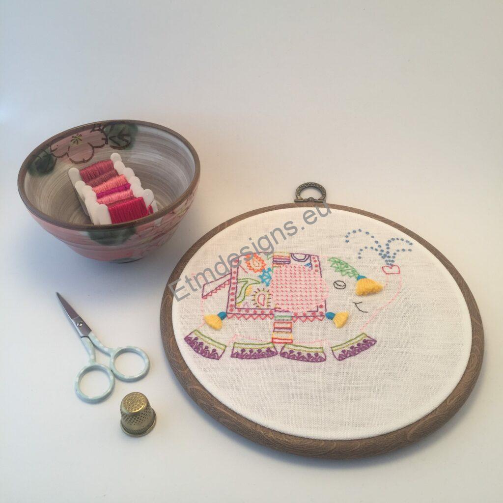 Hoop art - hand embroidered pictures 7 Pink elephant hand embroidered picture in a hoop