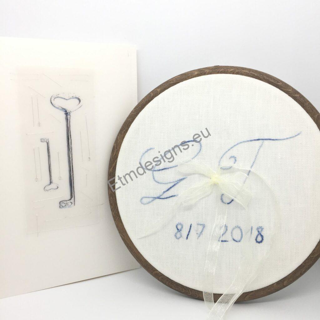Hoop art - hand embroidered pictures 15 Ring bearer hoop, hand embroidered white and blue