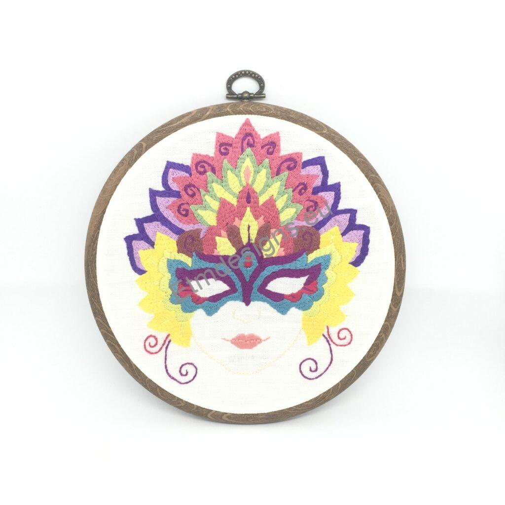 Hoop art - hand embroidered pictures 8 Rio carnival mask colorful embroidery in a hoop frame