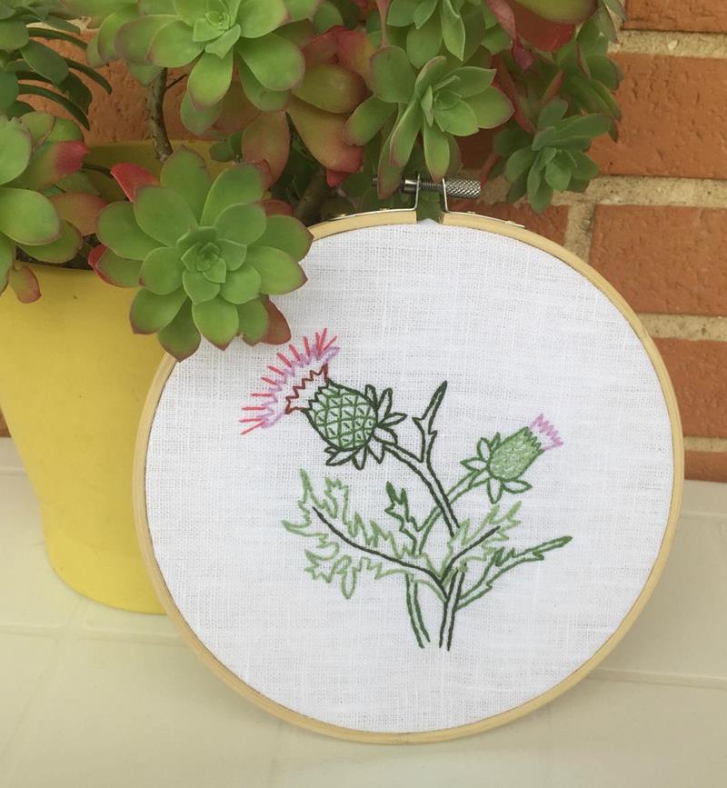 Hoop art - hand embroidered pictures 13 Thistle flower hand embroidery in a hoop wall hanging