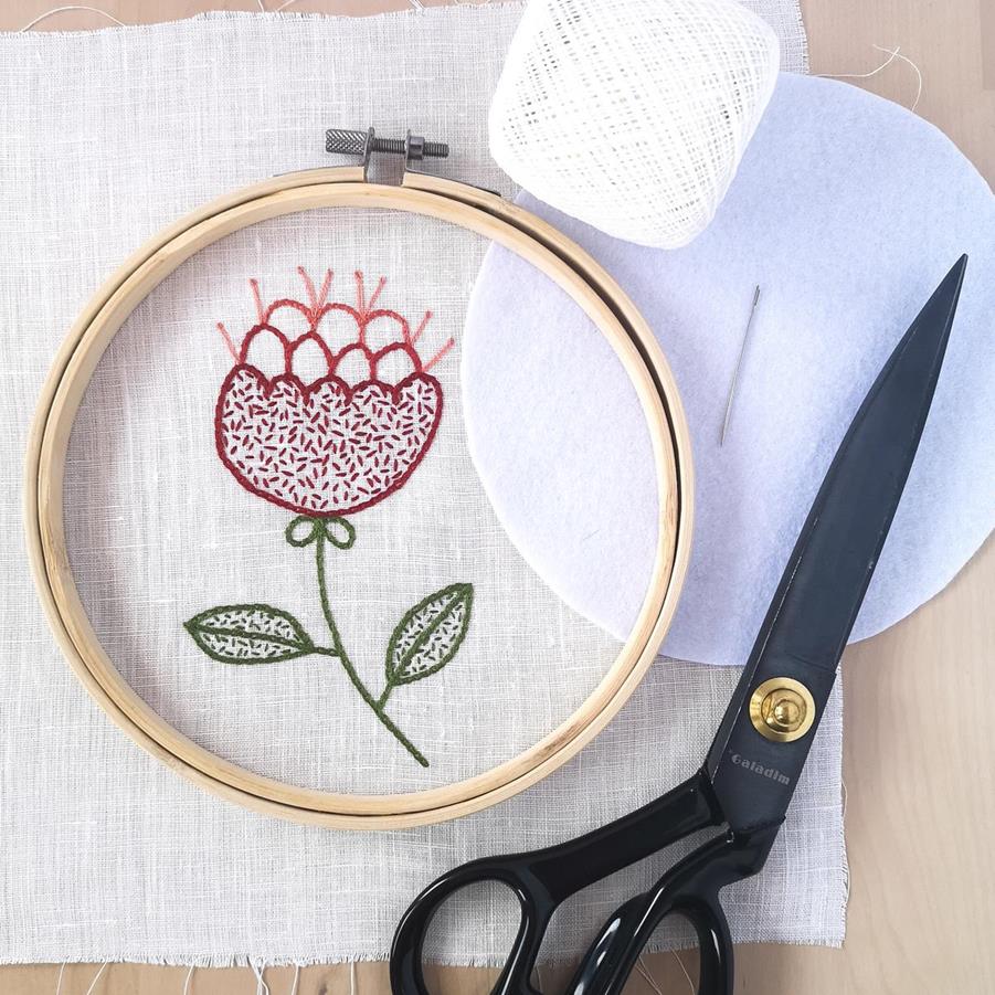 Materials for framing in a hoop, embroidery, scissors, cotton thread, hoop
