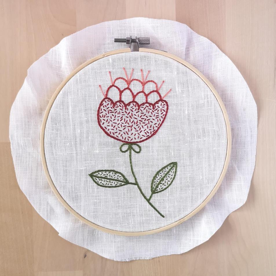 Framing the embroidery in a hoop 3 Red flower embroidery in a hoop, framing process