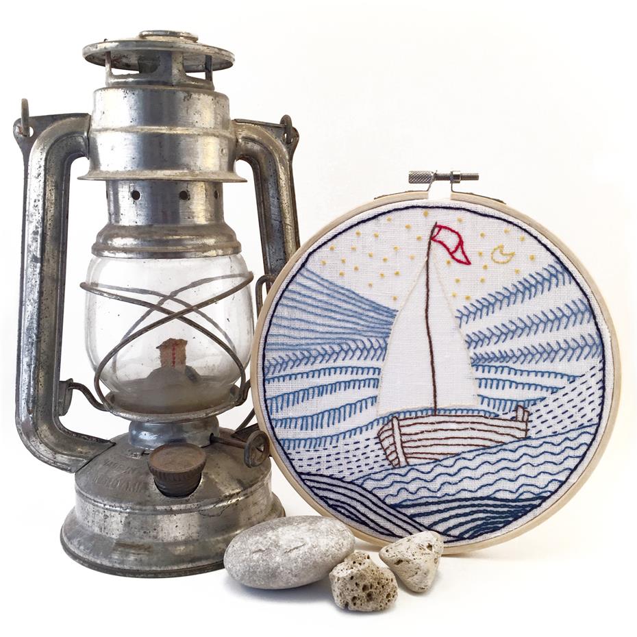 Hoop art - hand embroidered pictures 6 Nursery textile art sail boat hand embroidery